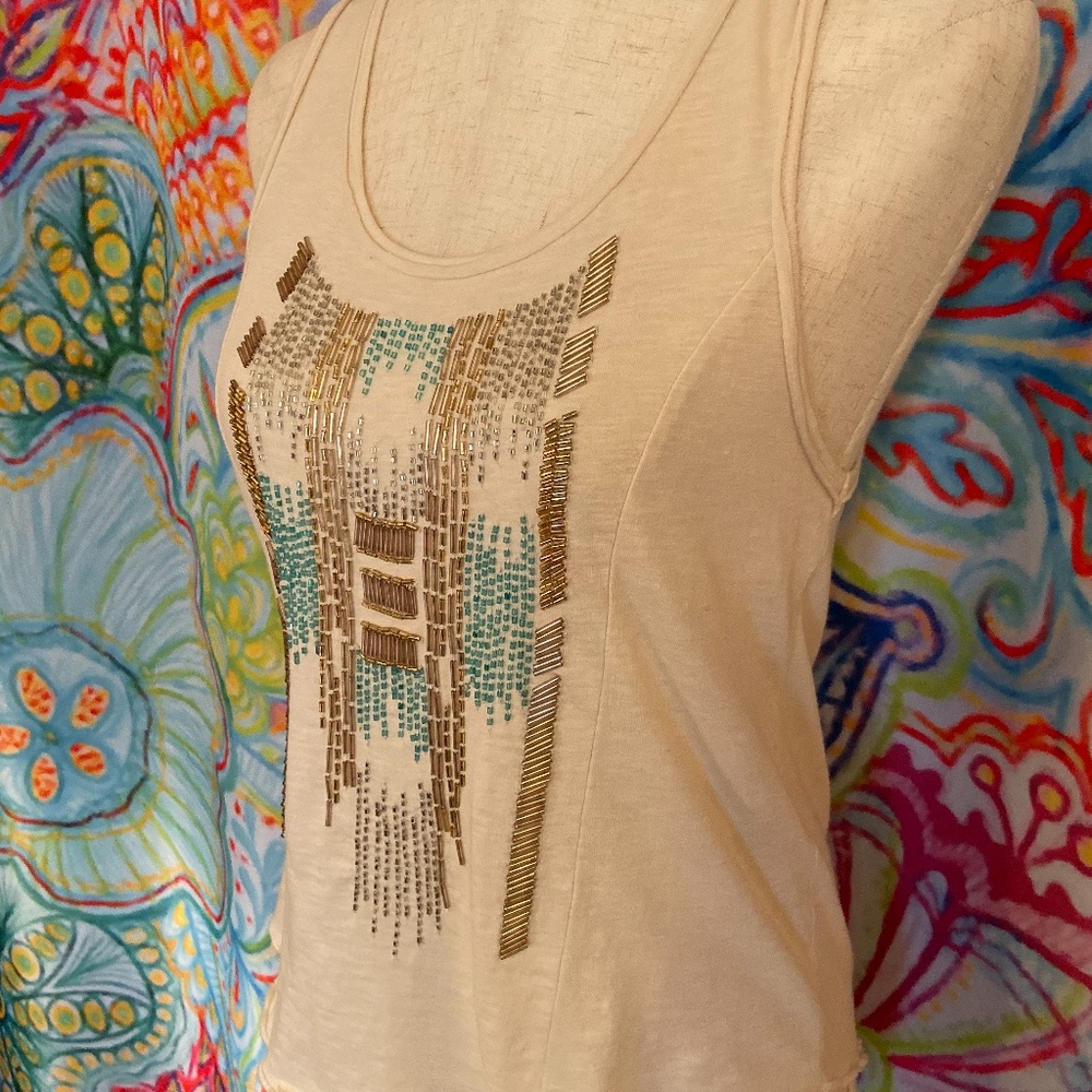 FREE PEOPLE Beaded Gold Turquoise Cream Tank Sz S